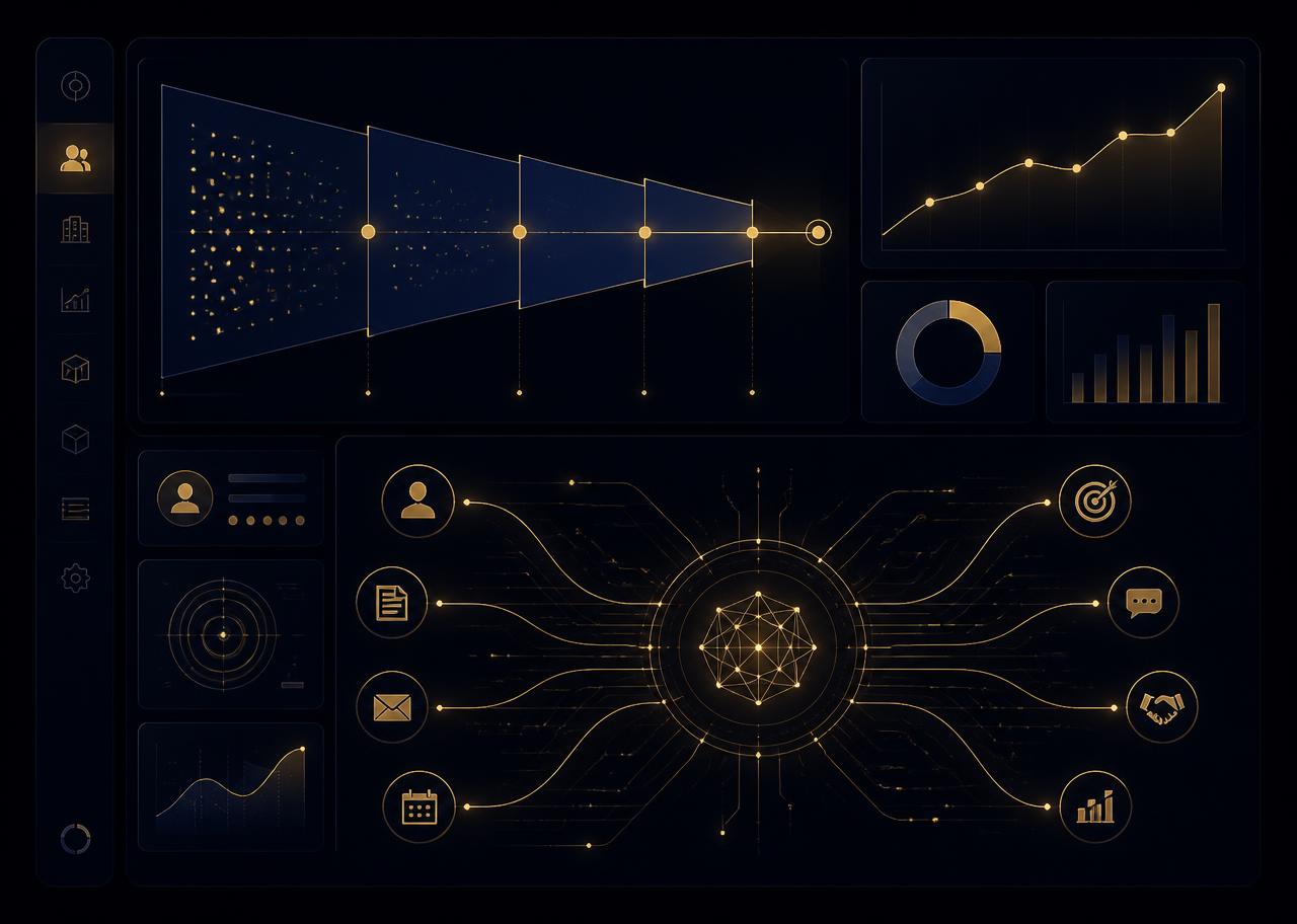 Dark CRM and AI automation dashboard visualisation