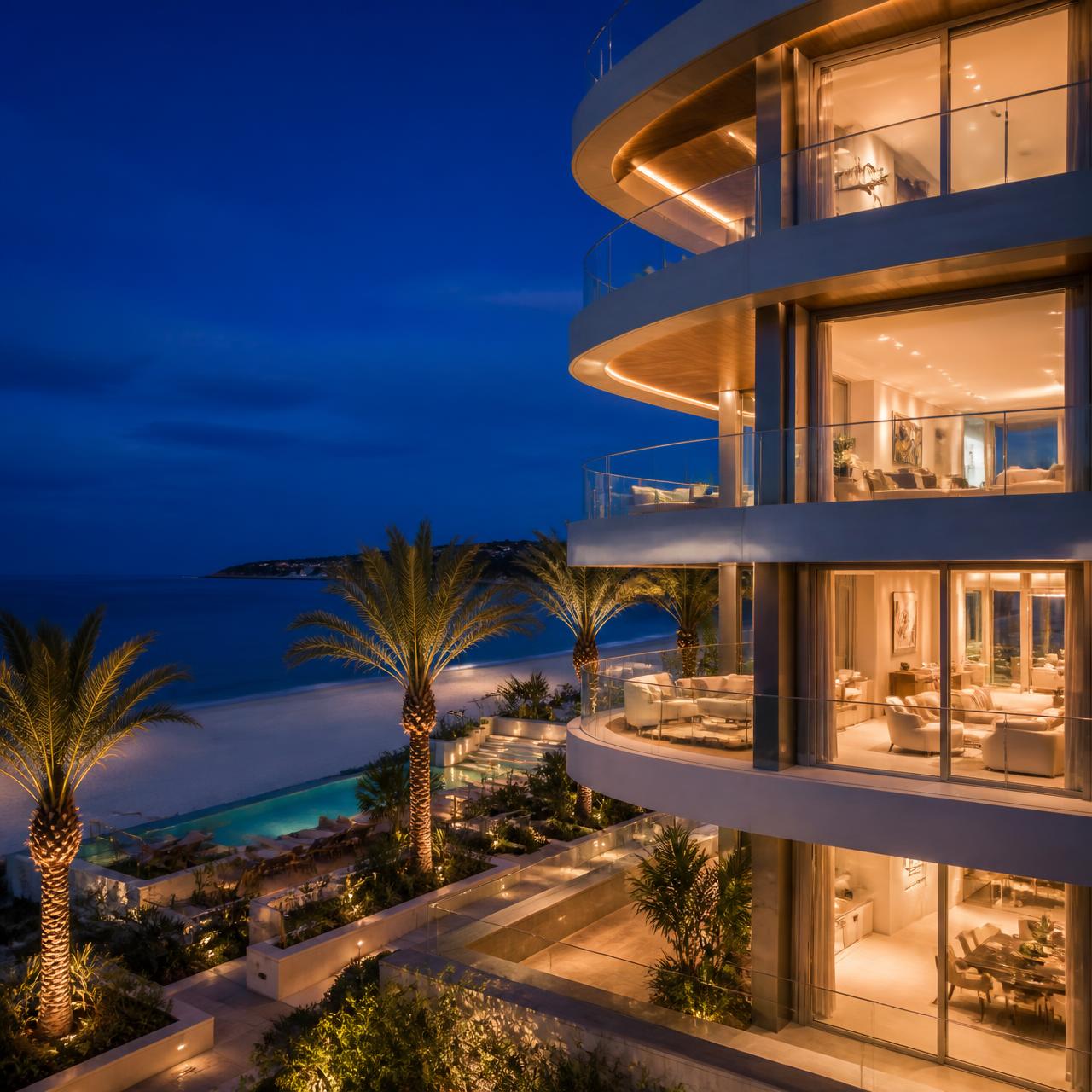 Luxury beachfront apartment development at blue hour