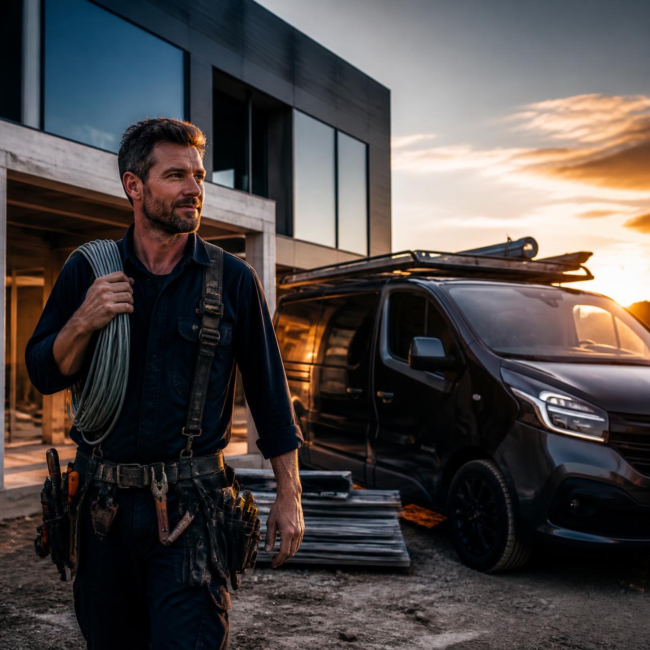 Australian tradesman on a modern construction site at sunset